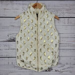 Simply Southern Quilted Full Zip Vest Ivory with Metallic Gold Pineapples | S